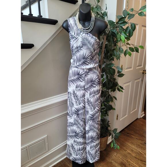 Sam Edelman One Shoulder Romper Women Size 4 White Black Leaf Print Elegant - Picture 1 of 16